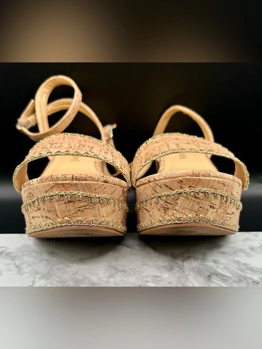 JACK ROGERS Flagler Stitch Platform-Wedge-Sandals in Cork-Gold. Size 9